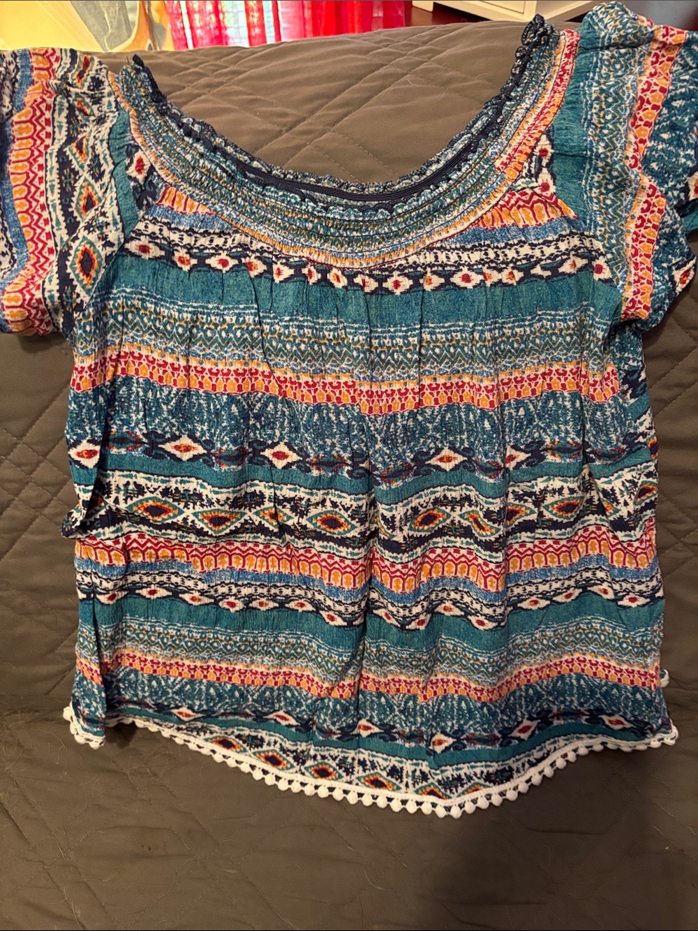 No Boundaries Teal Multicolor Boho Scoop Neck Blouse